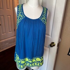 Calypso St. Barth Blue Tank Top with Yellow Embroidery smocked rounded neckline